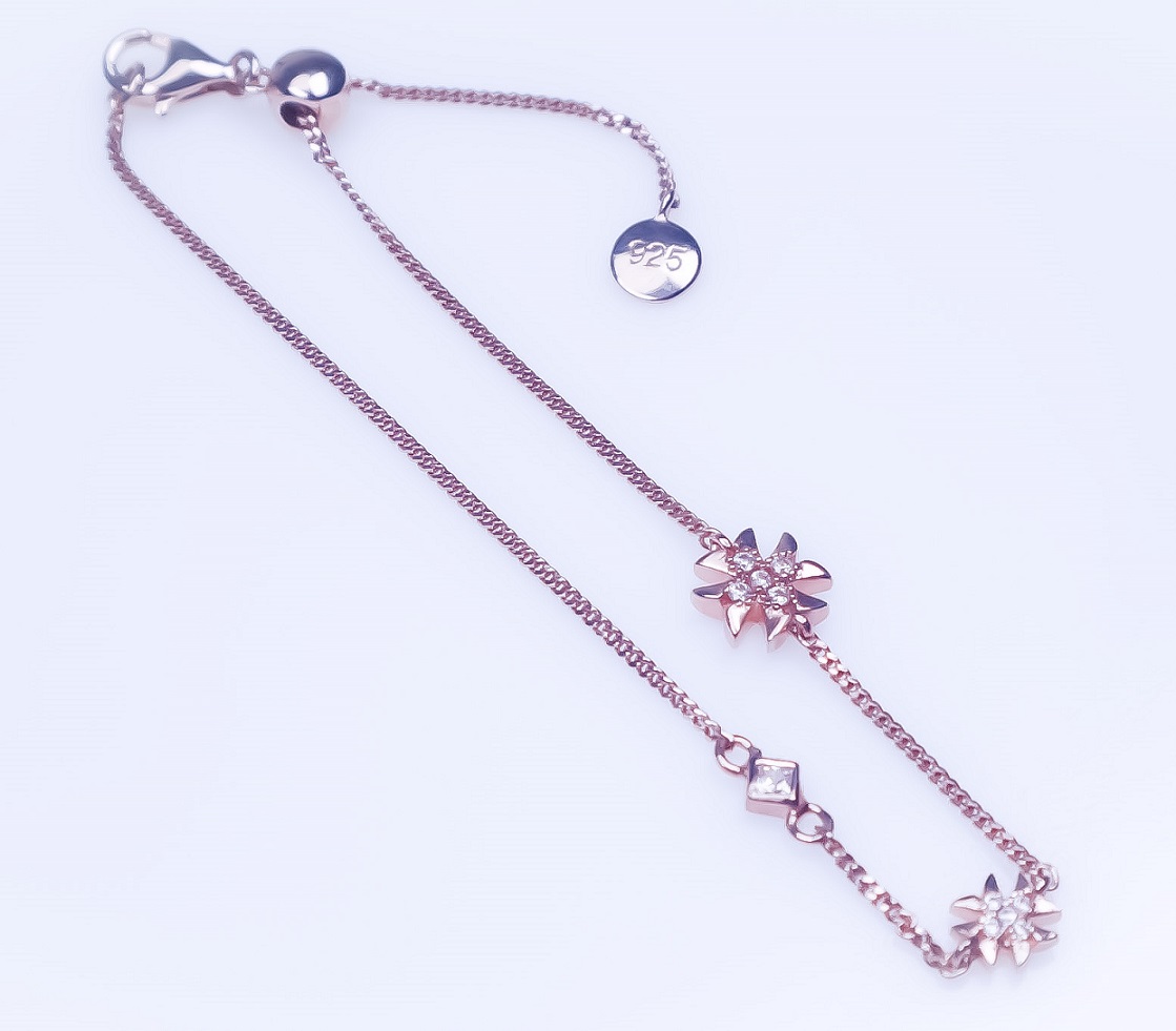 925 Sterling Silver Rose Gold Plated CZ Antique Cross Bracelet