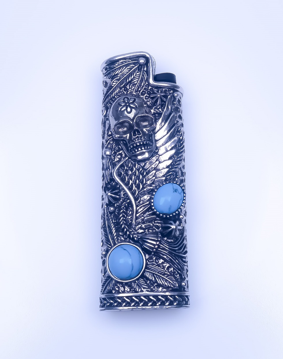 Antique Silver Plated Skull Turquoise Ligher Cover