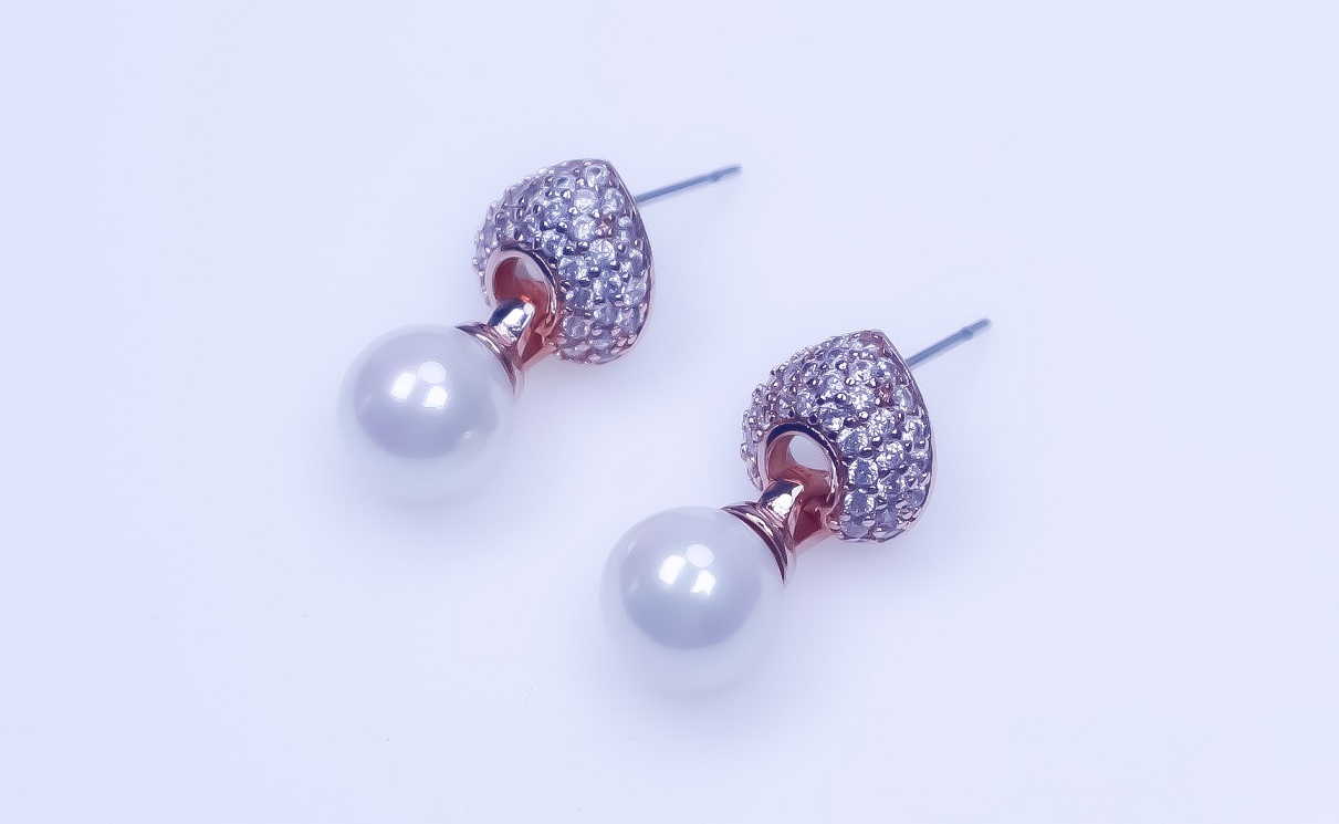Brass Rose Gold Plated CZ Glass Pearl Earrings