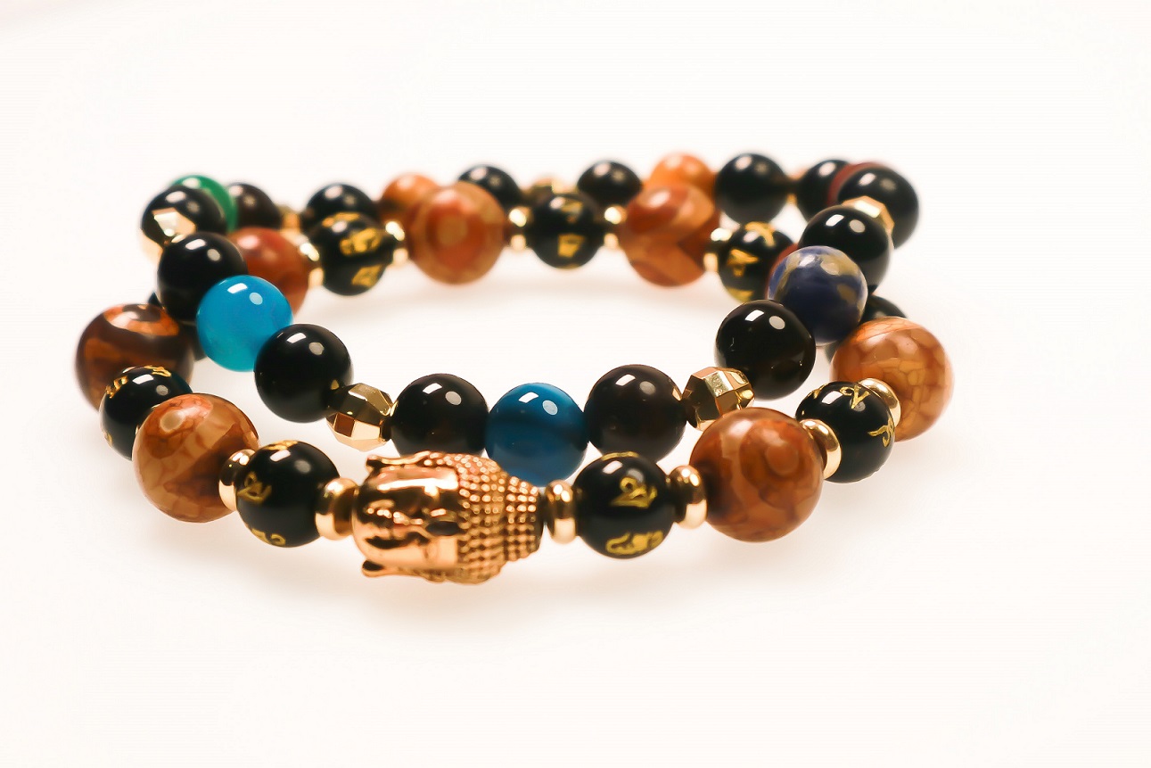 Gemstone Buddha Brass 18K Plated Stretch Bracelet Set